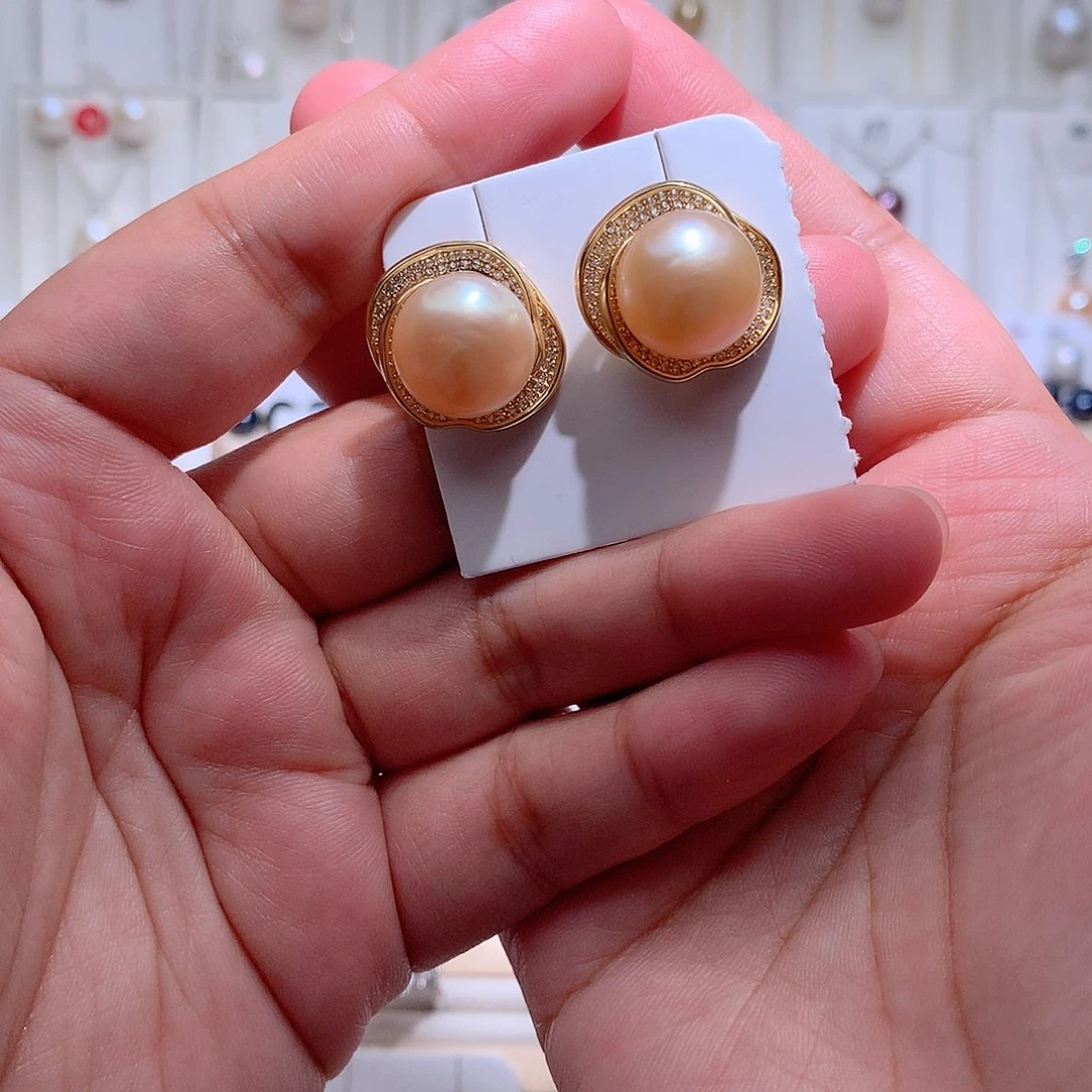 耳饰银S925镶嵌淡水珍珠CC扁圆13+