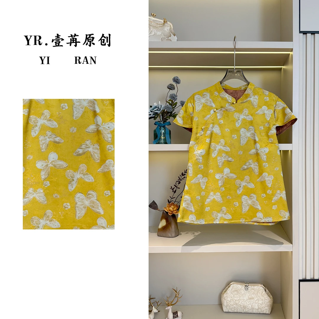 壹苒原创；中式改良版斜襟扣蝶绕金煊气质短袖小衫 YC6916