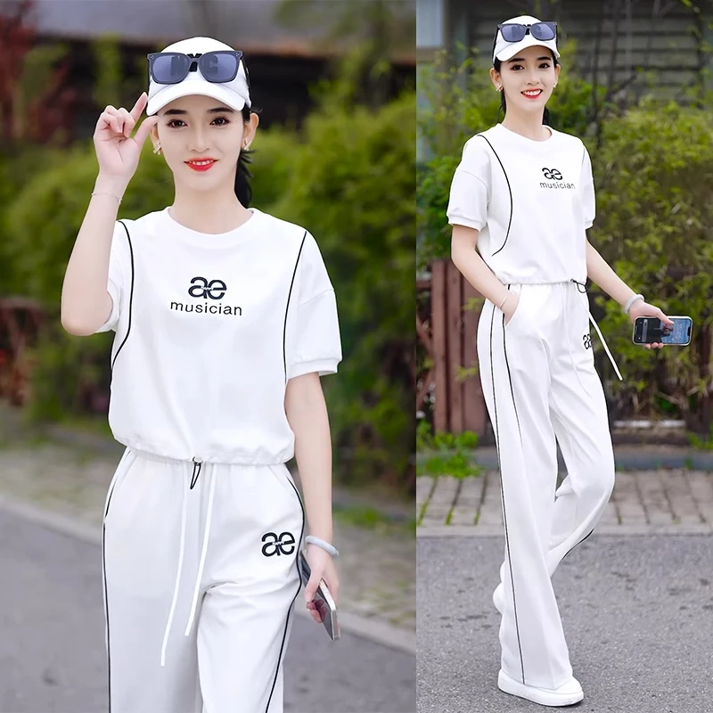运动服套装女2025夏季新款洋气抽绳收腰短袖圆领卫衣阔腿裤两件套