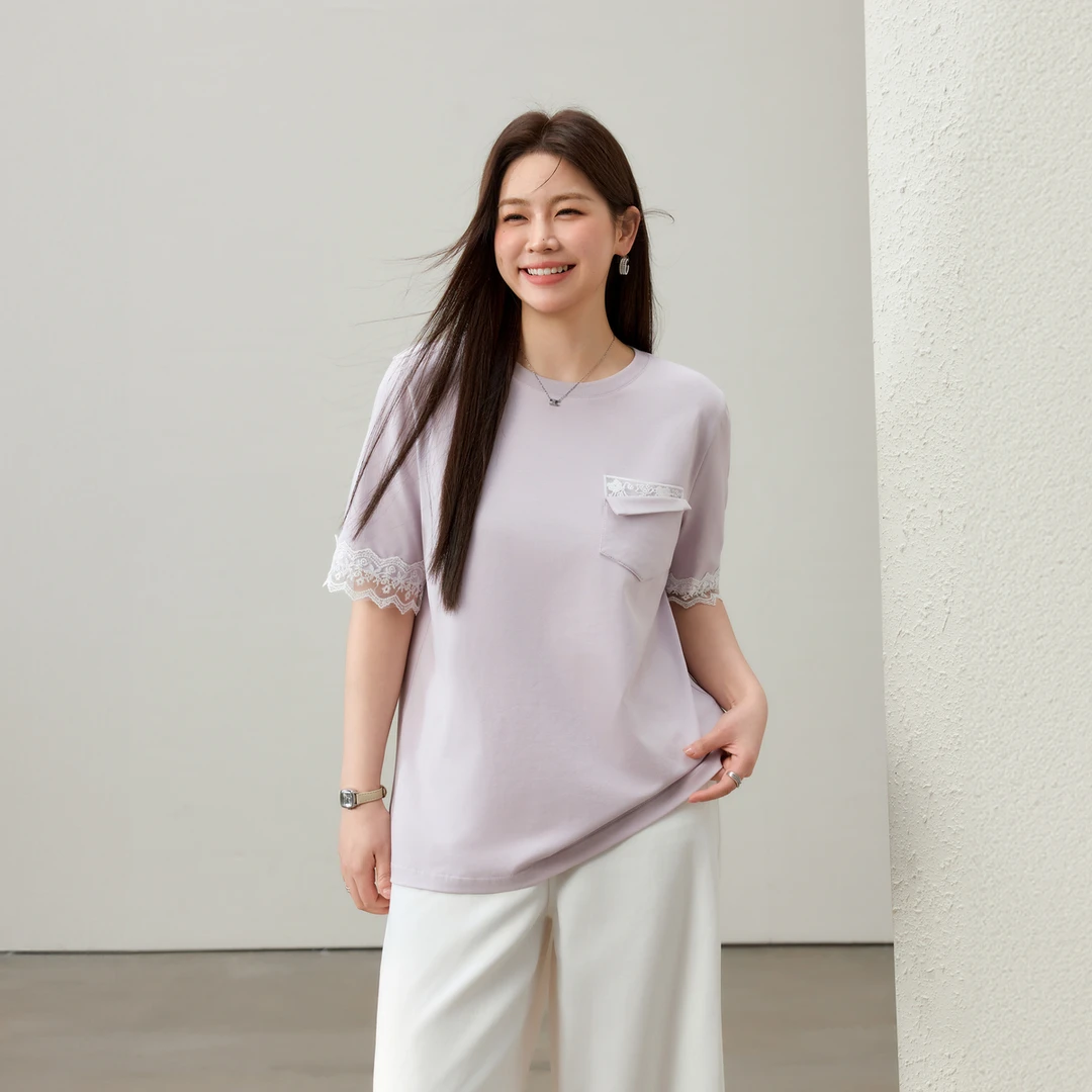 【 优雅别致T恤】纤莉秀W大码女装花边拼接洋气时尚圆领T恤QK1339