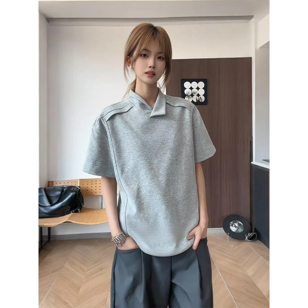 美式拼接短袖polo衫男款设计感小众正肩t恤cleanfit重磅翻领半袖