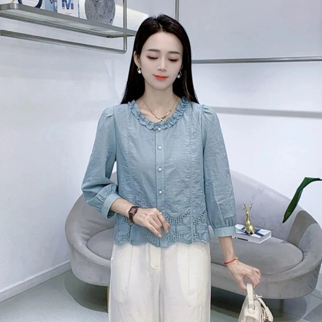 法式衬衫女2025早秋新款花边领时尚减龄显瘦泡泡袖百搭刺绣上衣潮