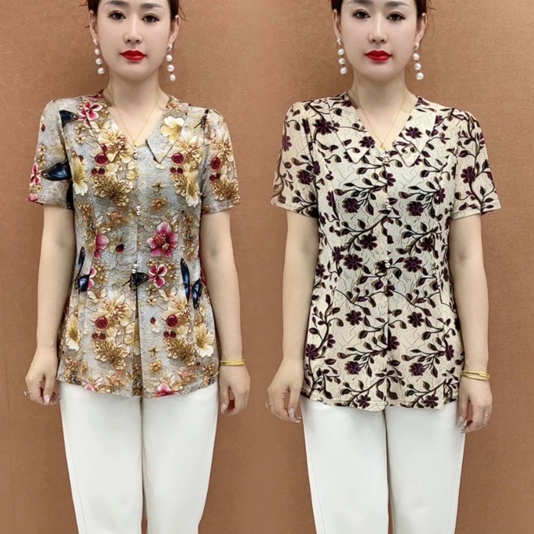 2025夏季新款时尚印花洋气上衣宽松中老年显瘦妈妈装减龄百搭小衫