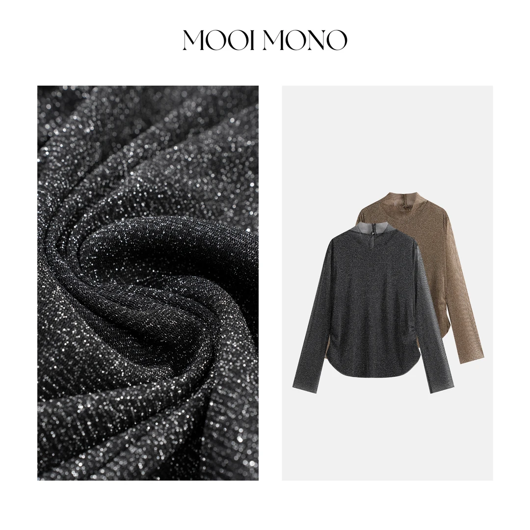 MOOI MONO"月光曲"显瘦气质法式侧腰抽皱亮丝轻薄长袖上衣E236Z53