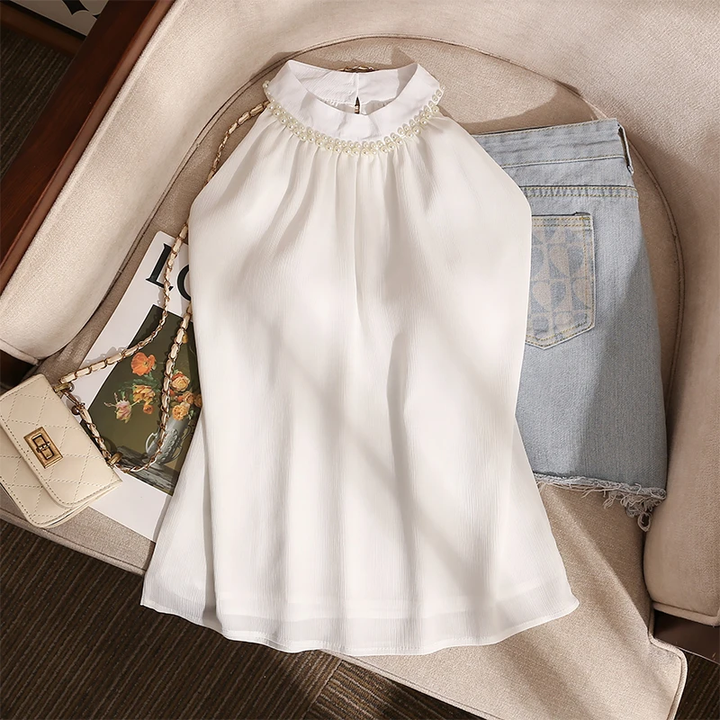 法式雪纺钉珠挂脖吊带背心女夏辣妹性感气质高级感露肩无袖上衣