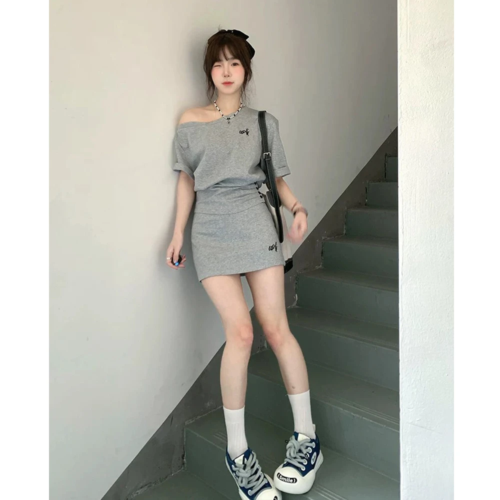 2025新款时尚休闲套装设计感斜肩短袖辣妹上衣女气质高腰包臀短裙