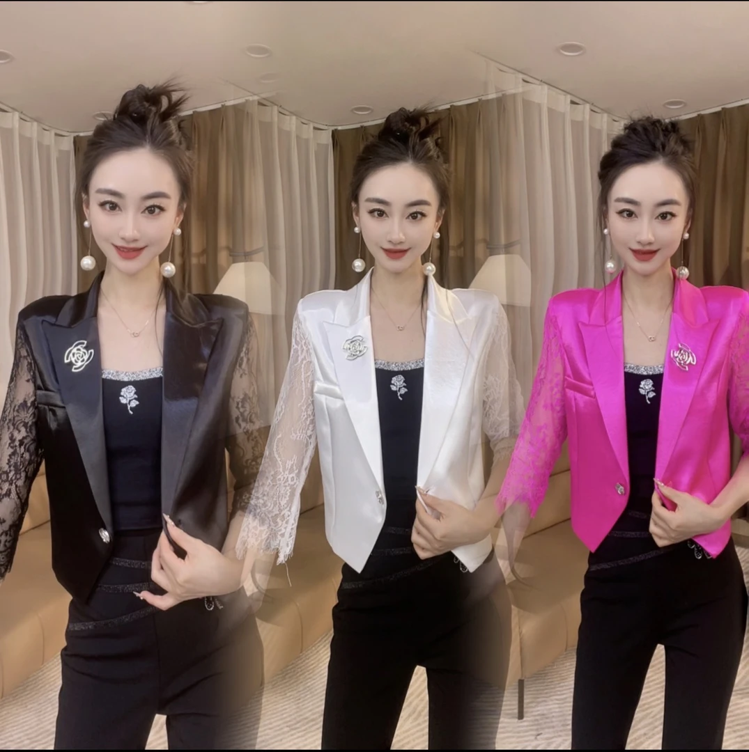 设计感别针拼接蕾丝中袖防晒外套2025夏季新款潮流上衣