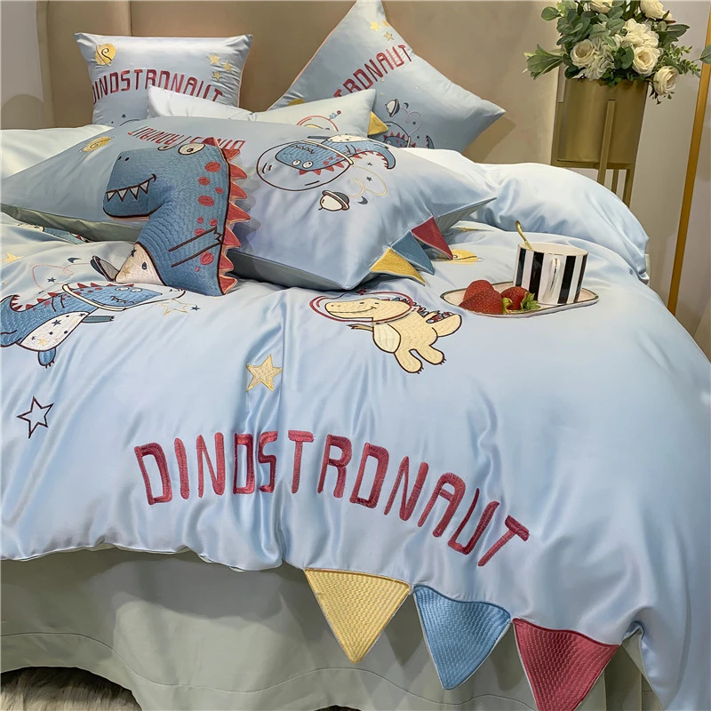 路约威格可爱恐龙刺绣男孩被套四件套棉床单儿童被罩单件床品女孩
