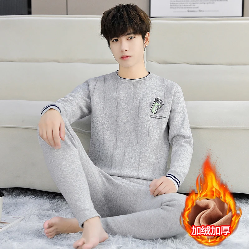 高档青少年纯棉保暖内衣套装男高初中学生加绒加厚秋衣秋裤棉毛衫