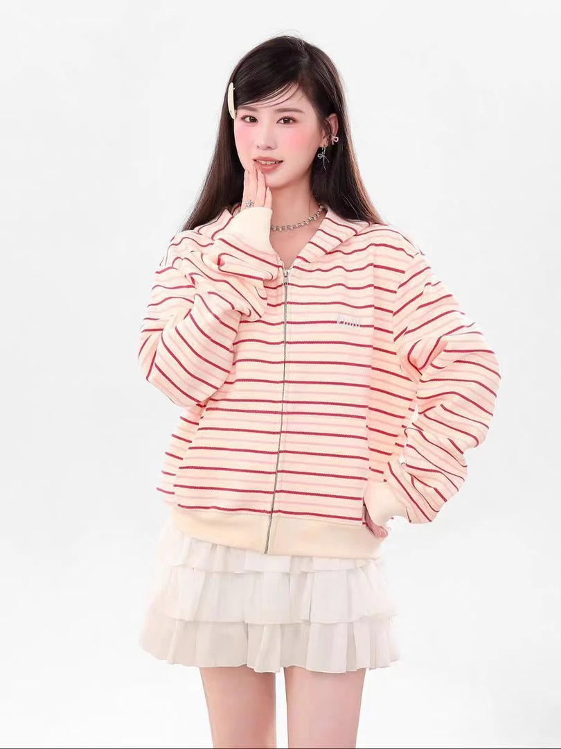 慵懒风条纹连帽卫衣女春秋新款甜美宽松休闲开衫拉链长袖上衣外套