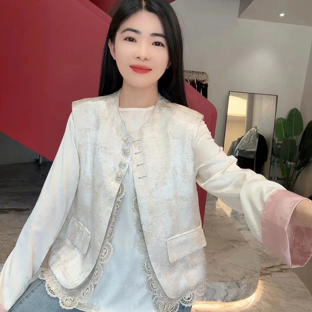 QC 252534 圆领提花蕾丝花边高级感真口袋小香马甲