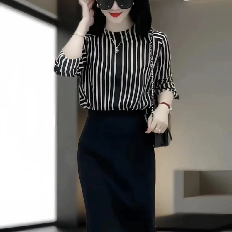 2025夏简约时尚气质新款洋气条纹衬衫黑色显瘦轻奢半身裙两件套女