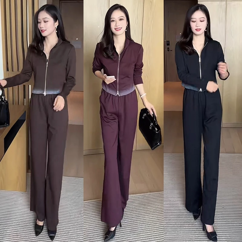 时尚套装女2025年秋季新款洋气显瘦立领开衫外套休闲阔腿裤两件套