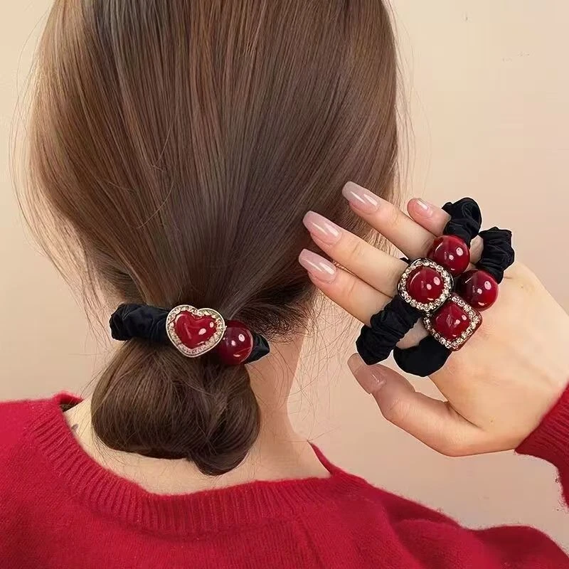 韩版轻奢红色爱心小肠发圈女网红扎丸子头马尾发绳2025年新款头饰
