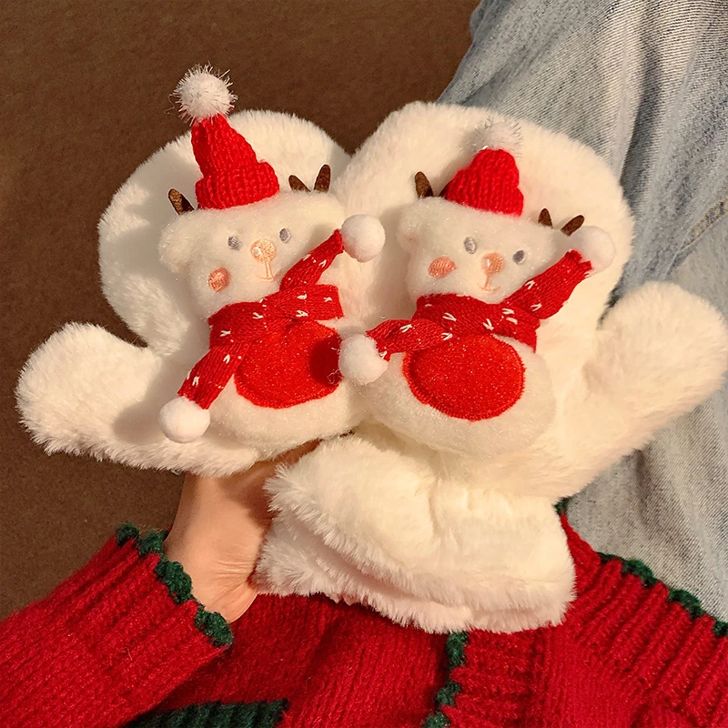 冬季加绒手套女可爱卡通雪人毛茸茸骑车加厚保暖学生防寒全包连指