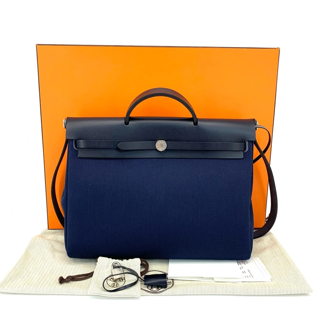 99新 Hermes/爱马仕 海军蓝黑银帆布拼皮herbag39手提包  尺39/28