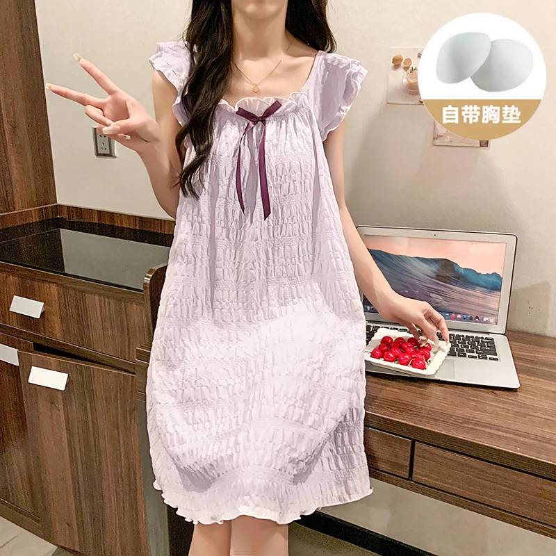 2025夏季新款带胸垫睡裙女士云朵棉简约小飞袖蝴蝶结连衣裙家居服