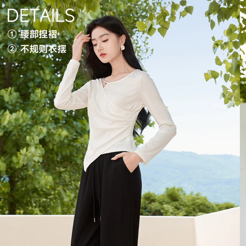 【许半夏推荐】X843083 T恤 香影不规则长袖薄款女夏秋新款打底纯