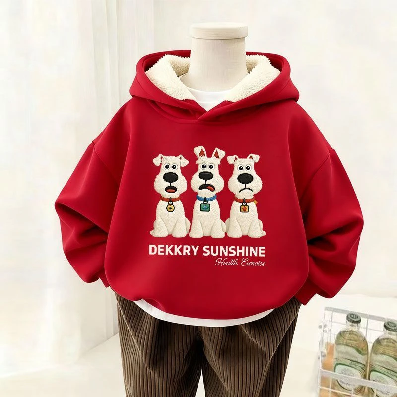 男童加绒卫衣秋冬连帽2026新款男孩红色衣服洋气炸街儿童新年上衣