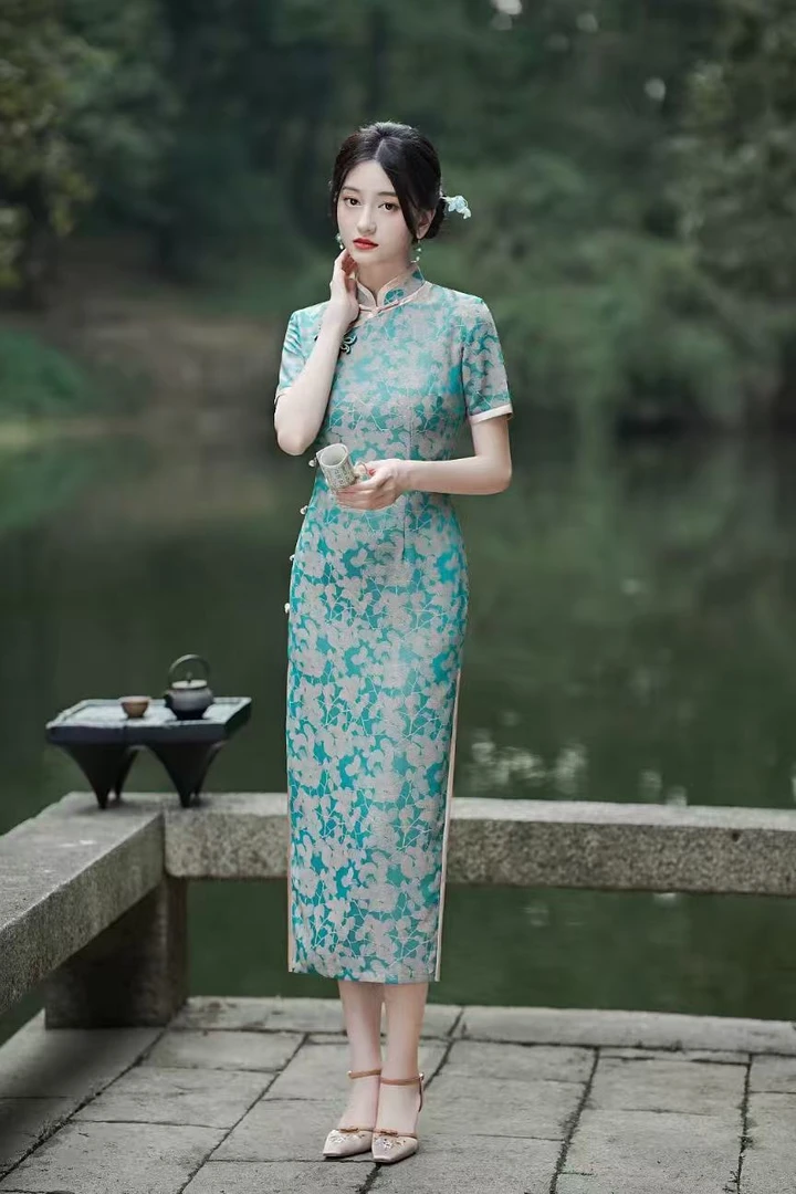 1428 蓝色 花扣侧八扣 【缤纷绿叶】 旗袍