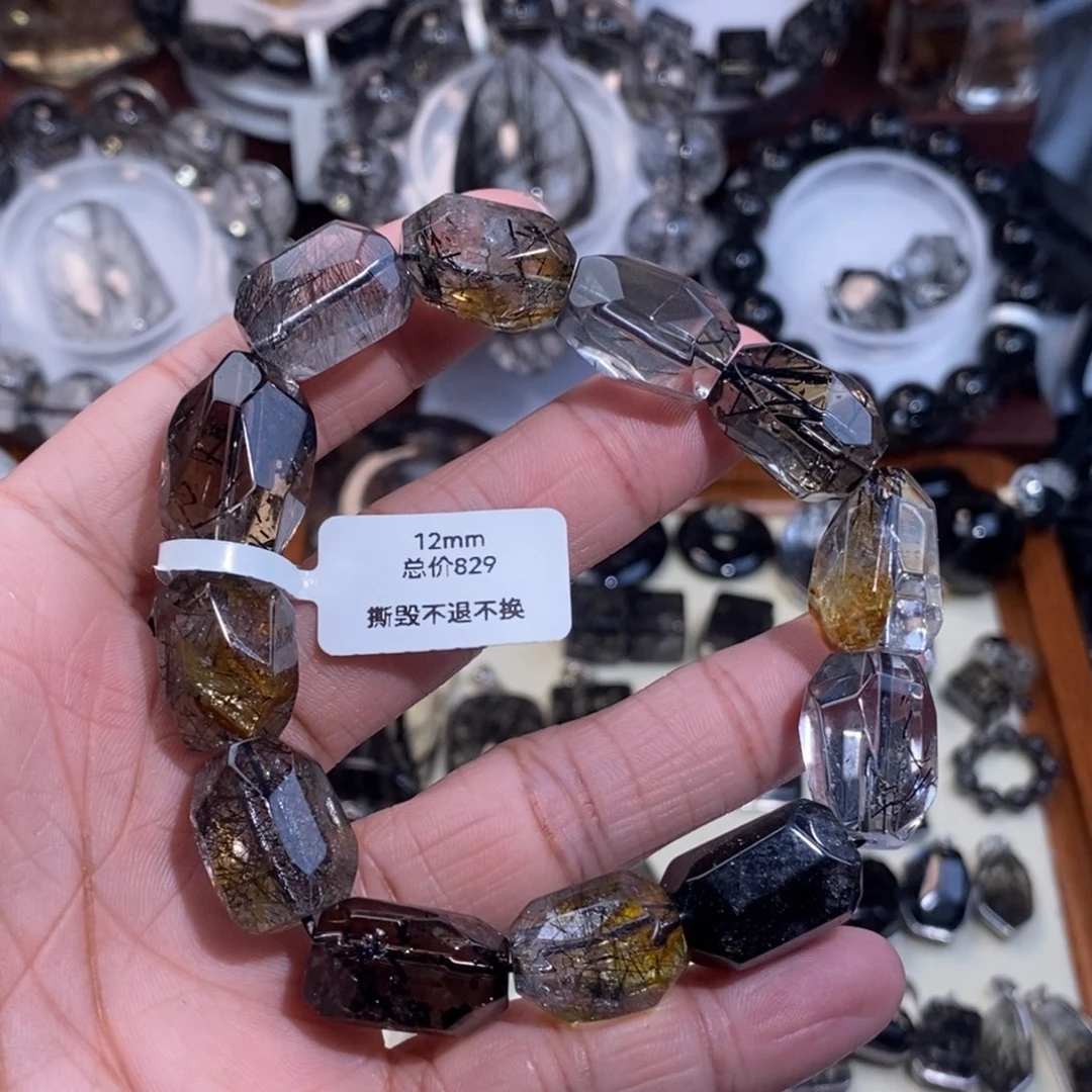 水晶手链未镶嵌黑发晶黄胶花12mm随型全透体