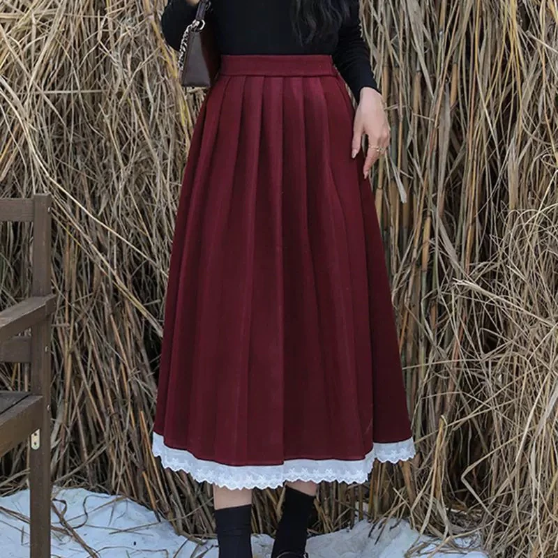 中长款A字毛呢伞裙刺绣花边百褶复古高腰遮垮显瘦百搭半身裙