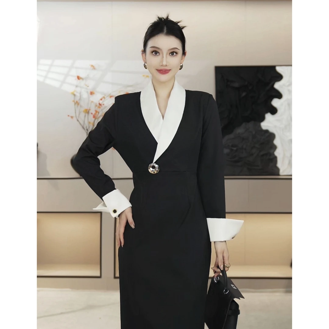 清！【揽月为扣】法式优雅撞色大翻领扣收腰鱼尾连衣裙HBZX720013