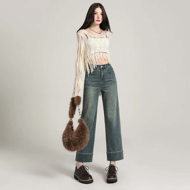 艺品兰春季九分直筒裤设计感烟管牛仔裤女时尚皮牌高腰显瘦百搭