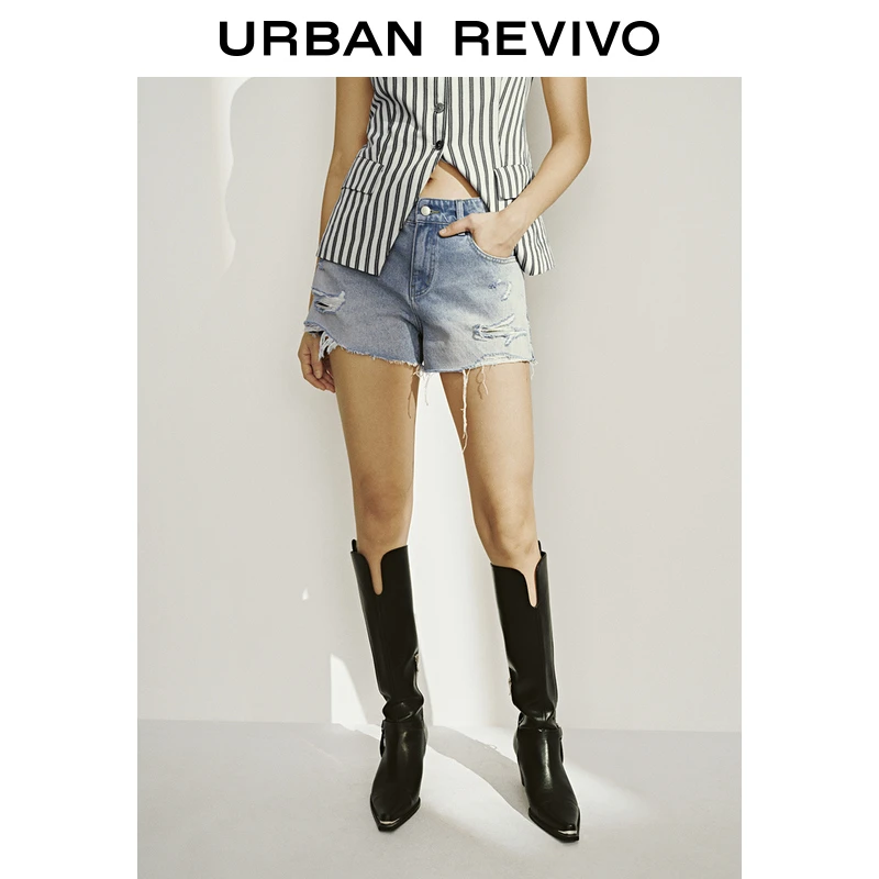 UR2025春季女欧若风慵懒休闲磨破毛须超短款牛仔短裤UWH850037