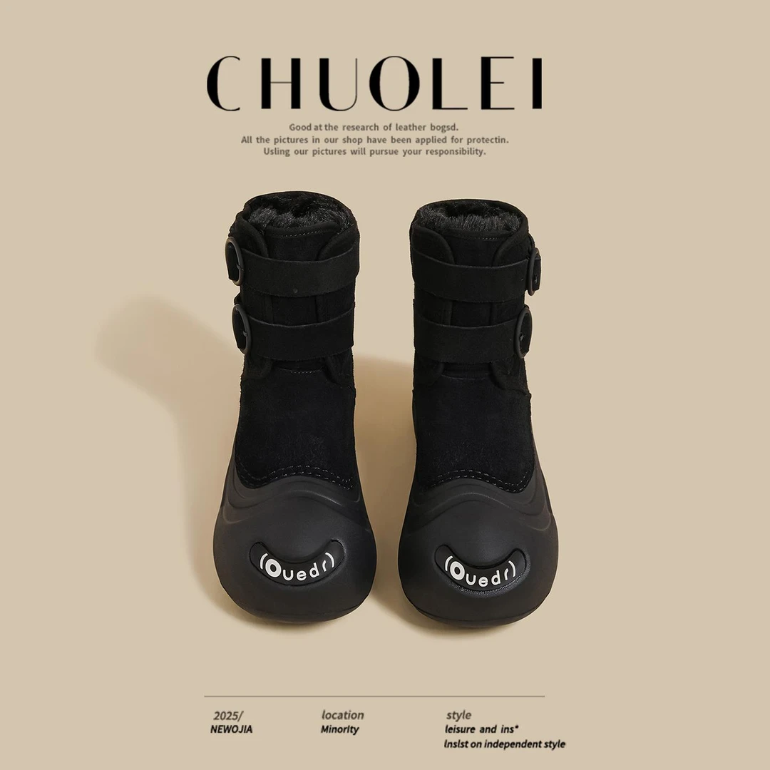 【CREW KNOW官方正品】2025冬季新款厚底雪地靴女黑色松糕皮带扣加