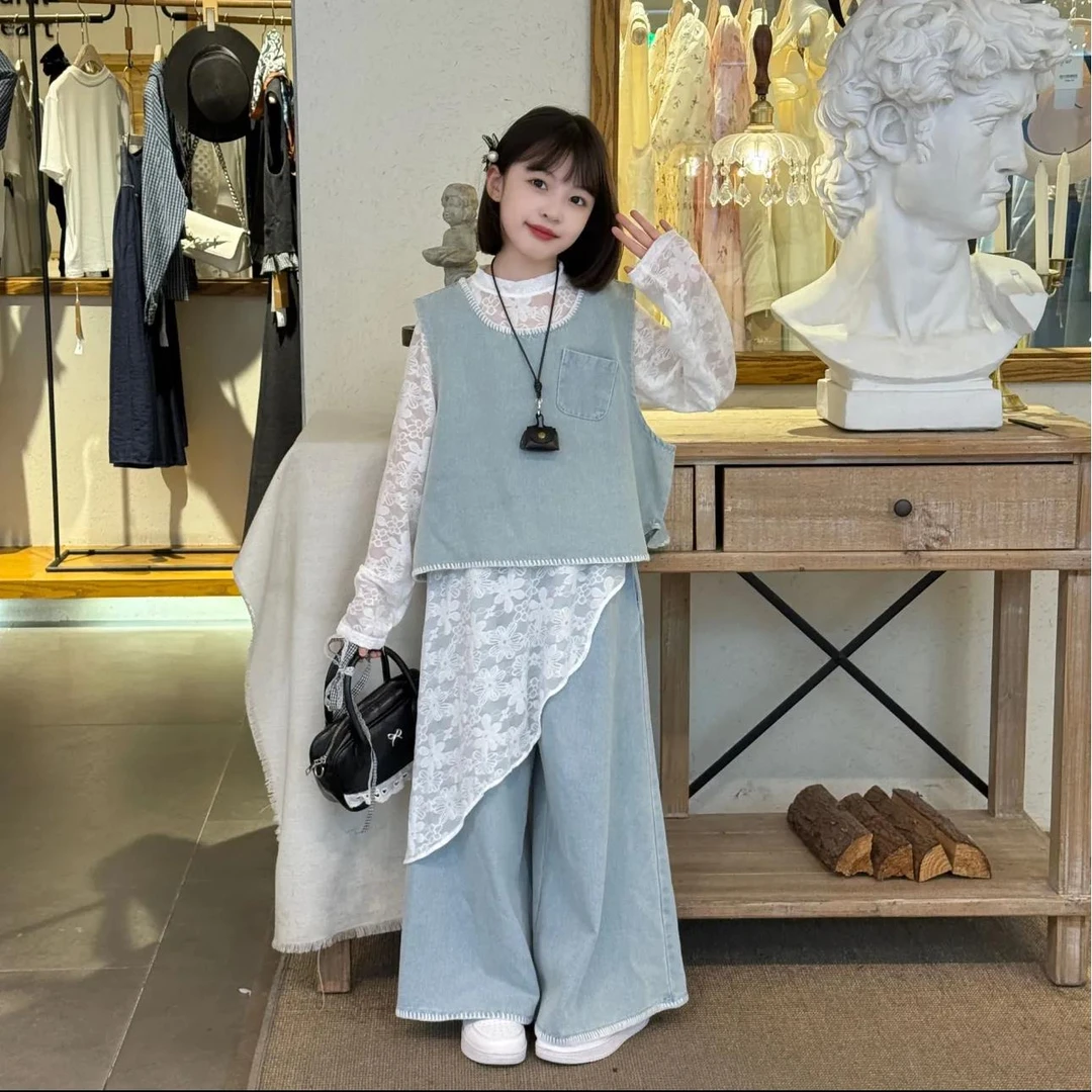 女童蕾丝牛仔套装2025年儿童韩版春秋装时尚打底衫背心裙裤三件套