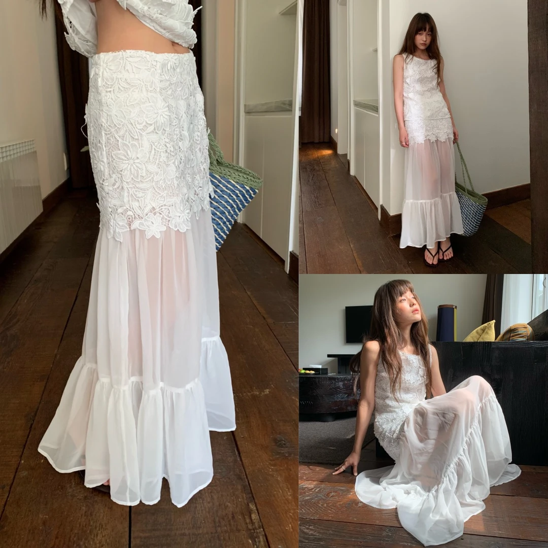 NEWOPEN 十三行25夏法式绝美透视蕾丝拼接纱网鱼尾半身裙女S5387