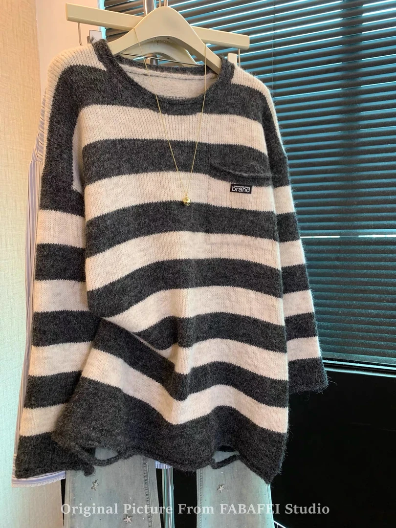 （XI ZI女装）#861【衣长75】慵懒风软糯马海毛针织条纹设计感毛衣