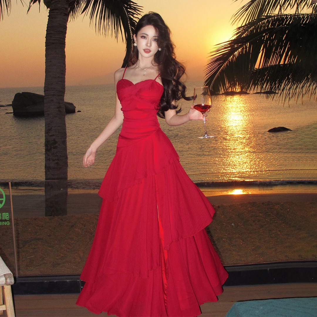 亚庇海岛度假绝美长裙红色荷叶边吊带连衣裙女收腰大裙摆气质裙子