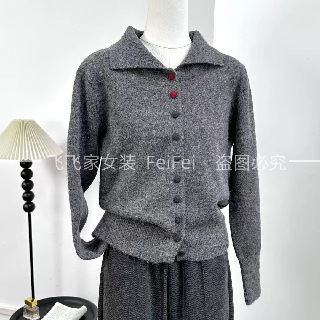 飞飞家1气质翻领！！南油高货~跳色本布包扣 真开衫#针织衫Y8786灰