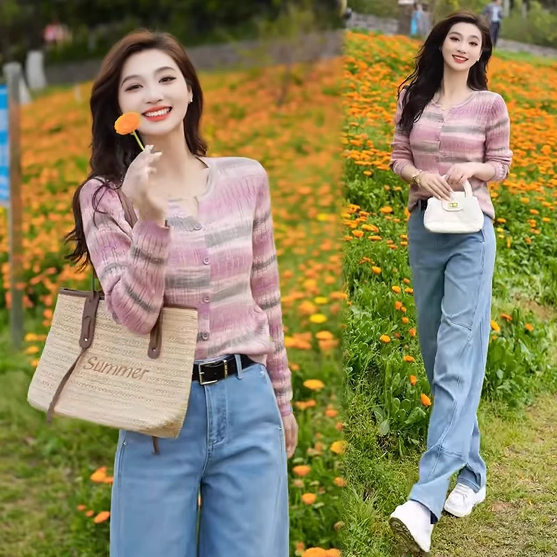 拉夏贝尔时尚套装女2025秋季长袖防晒针织衫休闲弯刀牛仔裤两件套