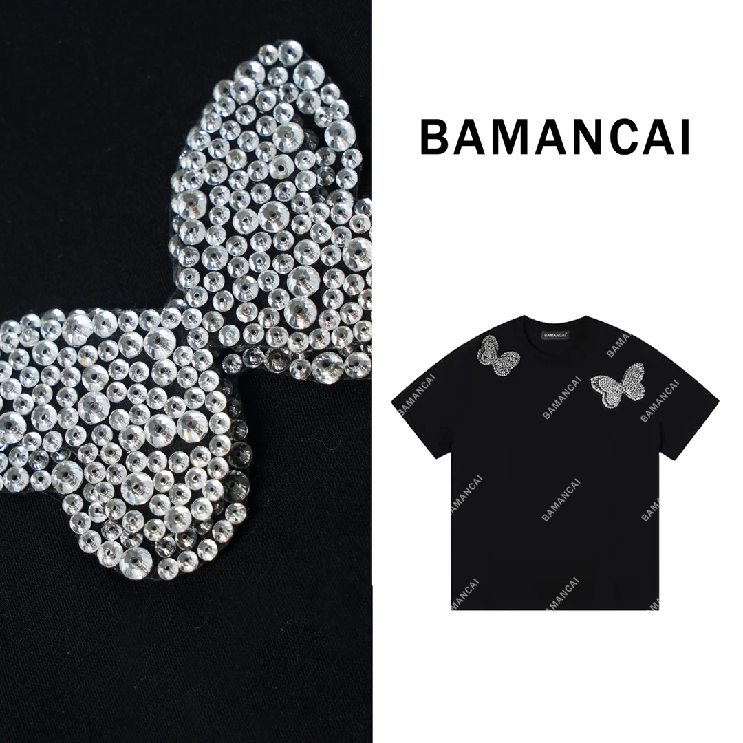 Bamancai-设计感小众蝴蝶纯棉短袖t恤宽松休闲正肩百搭上衣