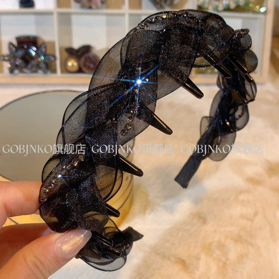 韩版长齿发箍手工麻花编欧根纱头箍气质网红百搭黑色复古