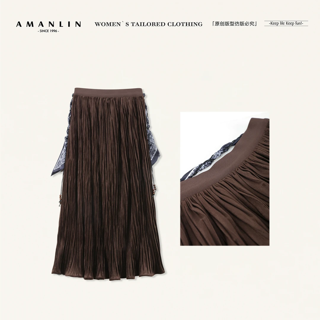 AMANLIN/阿谩琳琥珀流光复古褶皱丝绒大摆半身裙女冬季X603719