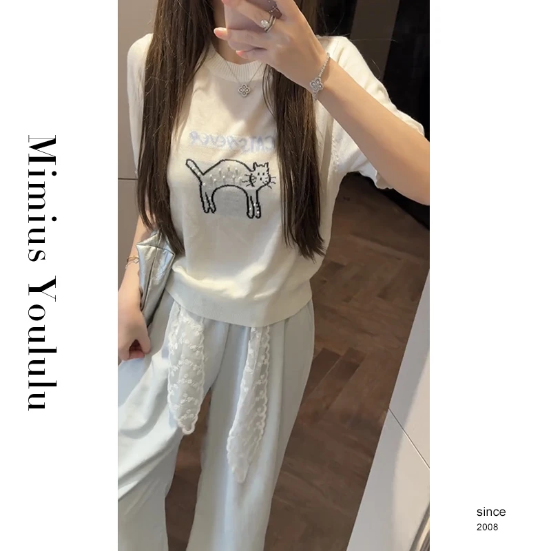 【mimius】L 绣珠小猫轻薄呼吸感短袖针织衫 WG03125