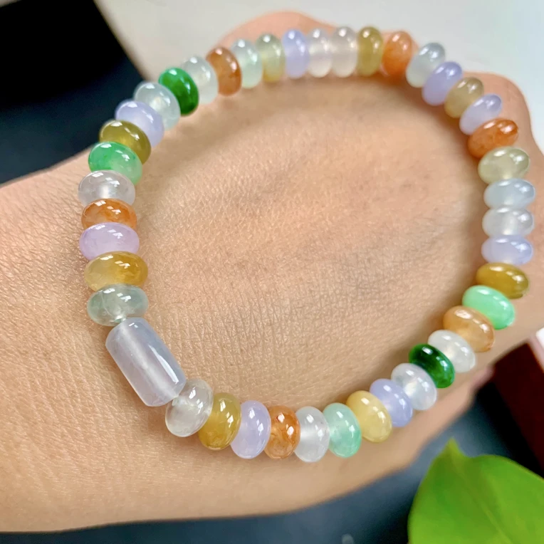 天然翡翠a货冰种多宝彩虹糖色系算盘珠手串卡6.8～7.5mm