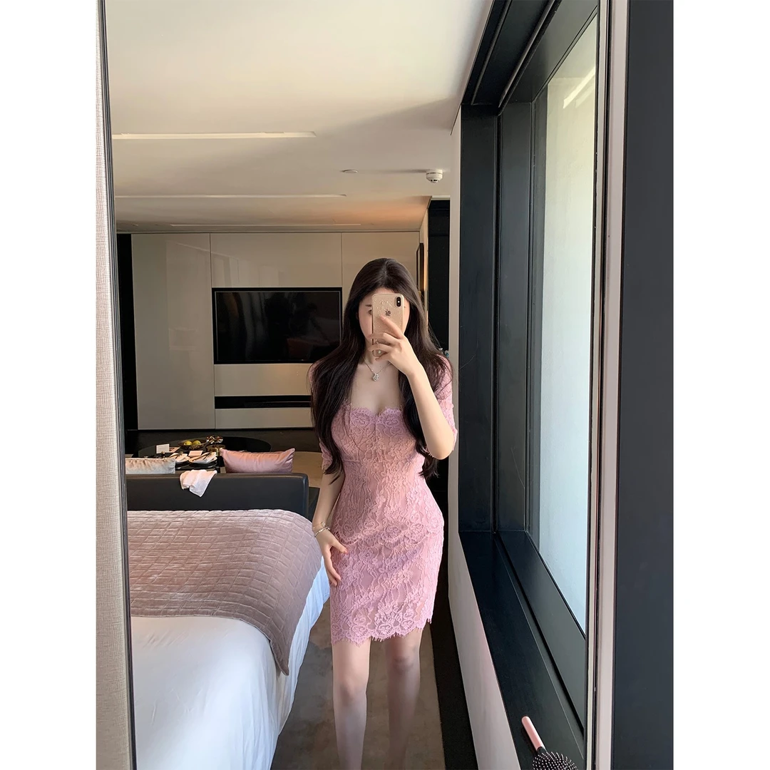 THE SWAN司凰轻奢 娇娇感 法式优雅气质修身中裙收腰蕾丝连衣裙女