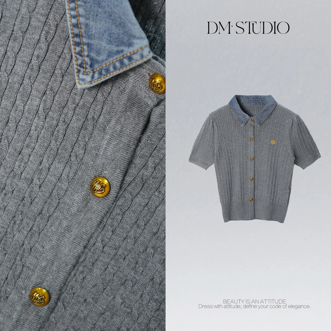 DEDM•STUDIO/小众英伦风牛仔拼字母刺绣针织开衫2509TX/J521Z019