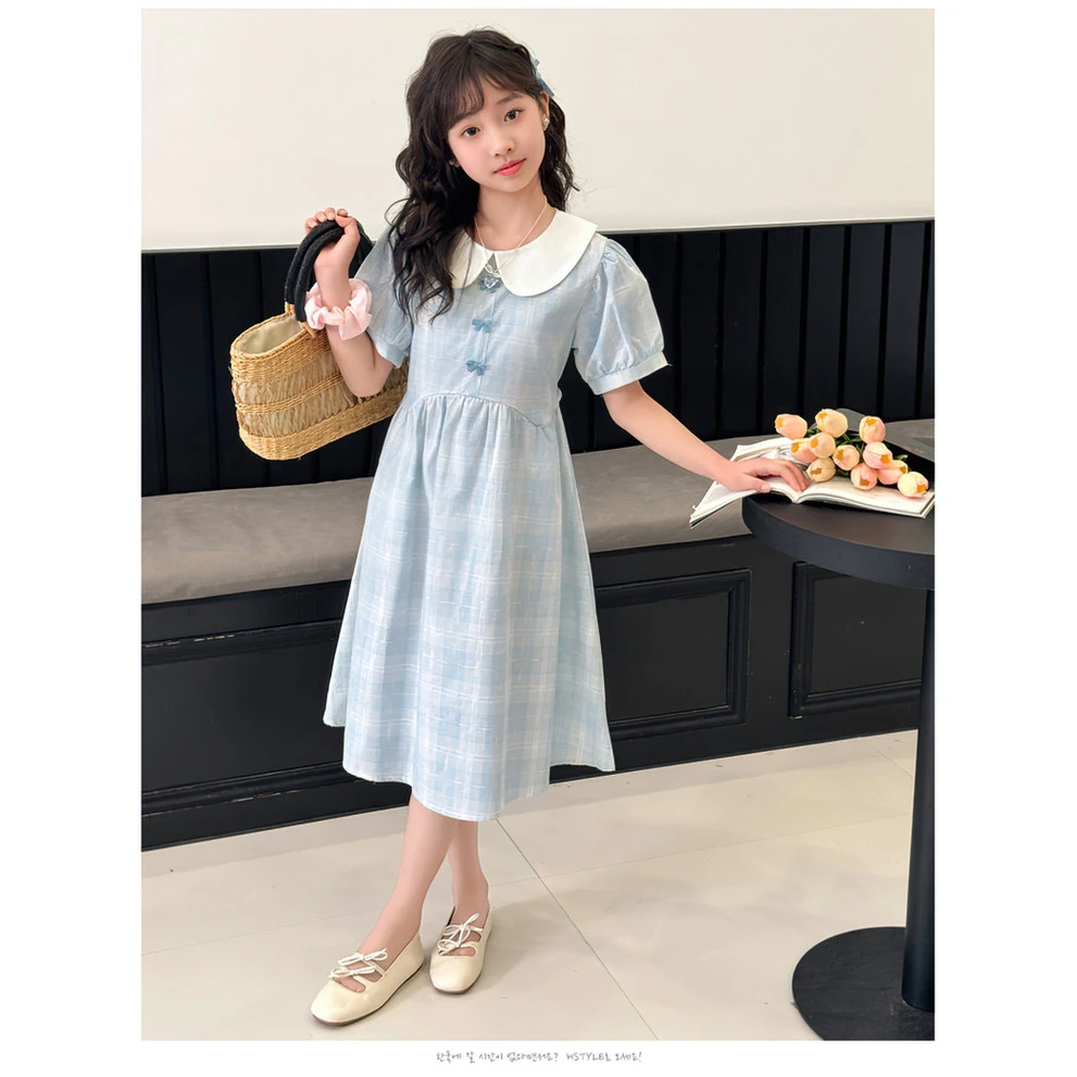 学院风连衣裙12~15岁中大童夏款潮款蓝白格子娃娃领裙清新学生装