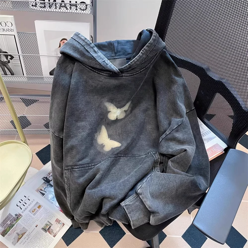 凯颂大码300斤小众蝴蝶水洗做旧卫衣男女秋冬宽松复古百搭上衣