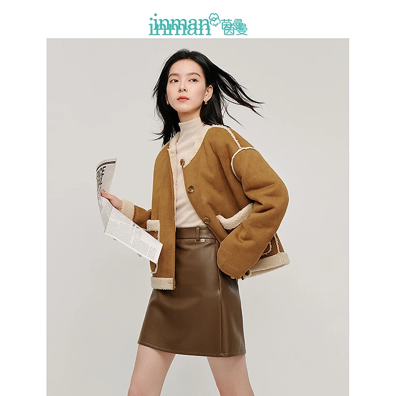 【茵曼女装】茵曼复古仿羊羔毛短外套颗粒感皮毛一体上衣W18438608