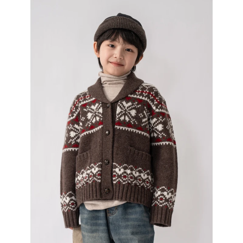 ‘摩卡’【100%羊毛】男童复古费尔岛系列羊毛衫儿童纽扣开衫外套
