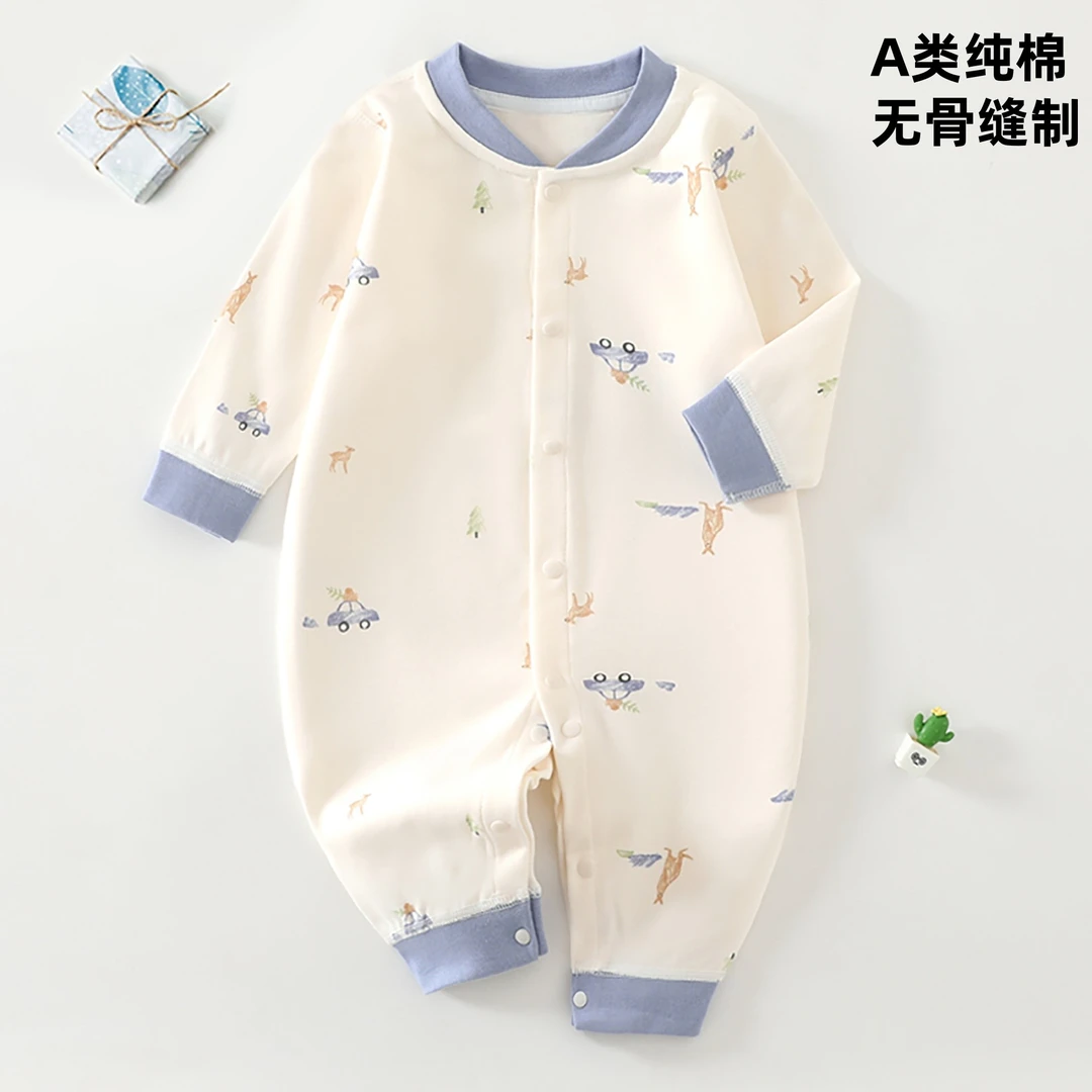 春秋纯棉婴儿连体衣a类新生儿无骨爬服哈衣0-6月宝宝全棉长袖睡衣