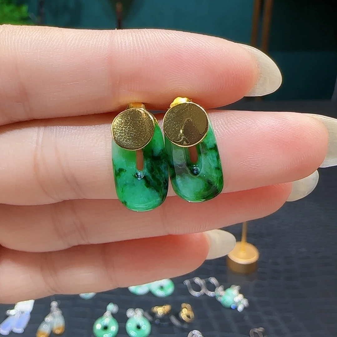 翡翠银S925镶嵌耳饰天然缅甸a货翡翠