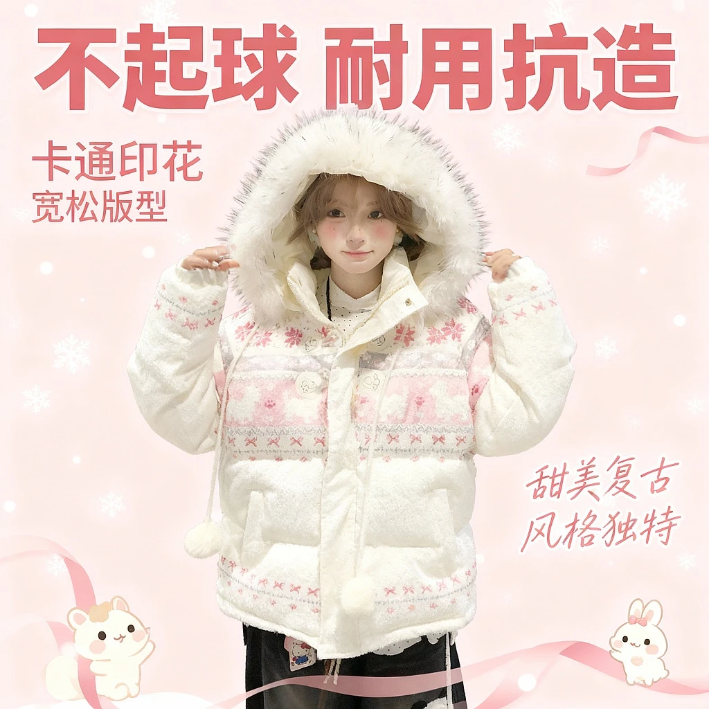 文文不乖原创费尔岛复古雪花兔子印花毛领连帽棉服外套女秋冬棉衣